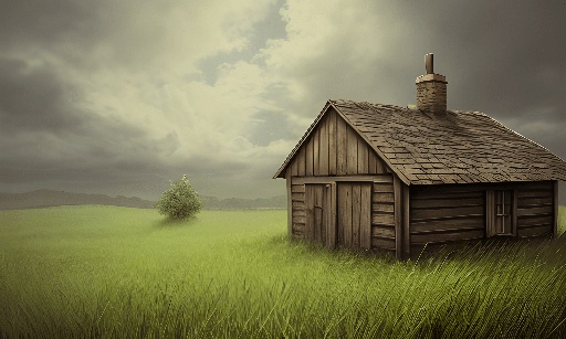 a small wooden house in a field with a tree