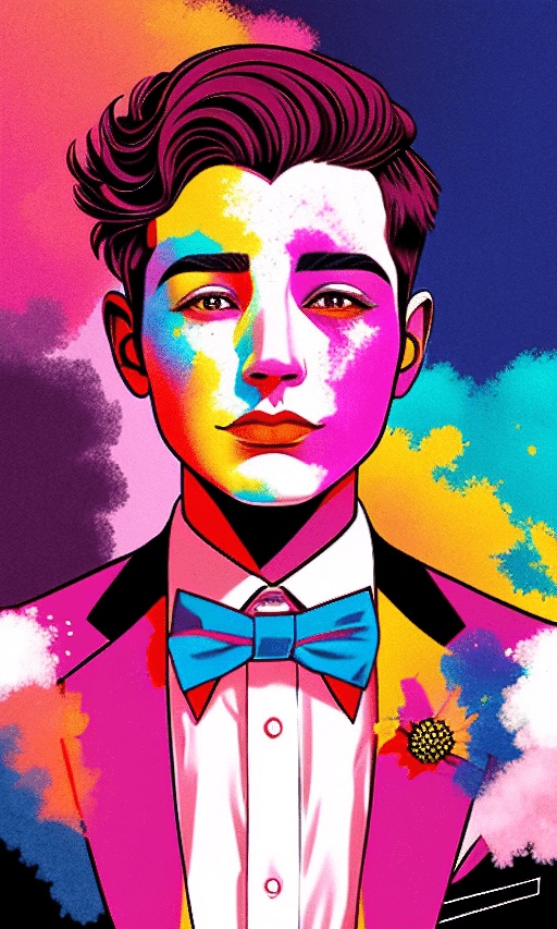 a man in a suit and bow tie with a colorful background
