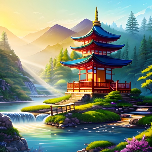 painting of a pagoda in a mountain landscape with a waterfall