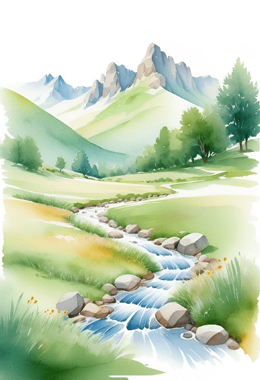 a watercolor painting of a mountain stream in the field