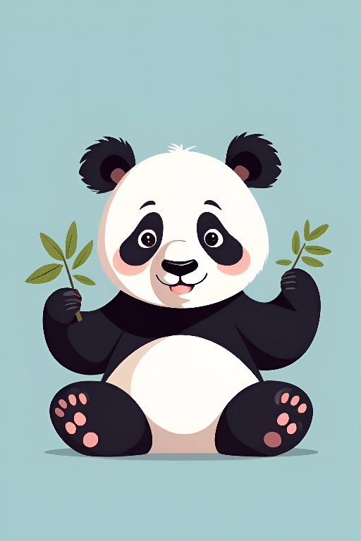 panda bear sitting on the ground with a plant in its hand