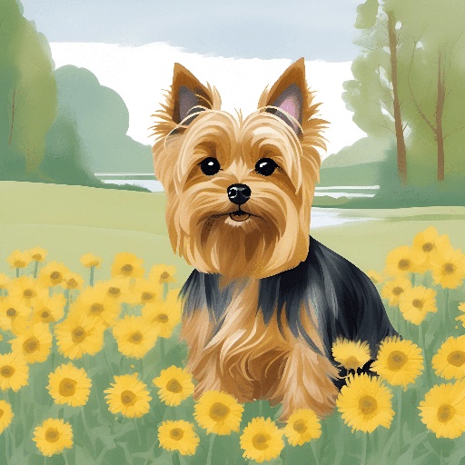 a dog that is sitting in the grass with flowers