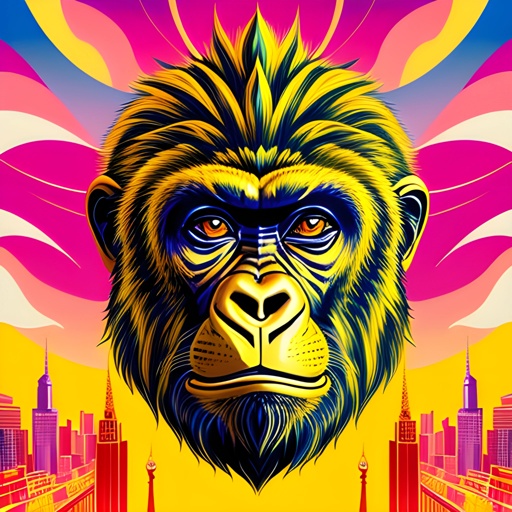 a close up of a gorilla with a city in the background