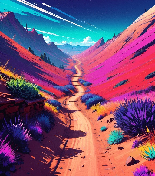 a brightly colored landscape of a dirt road in the middle of a desert
