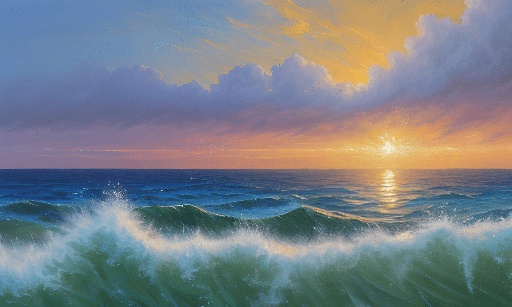 painting of a sunset over the ocean with a wave coming in