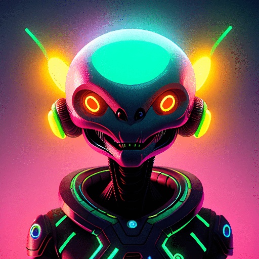 alien robot with glowing eyes and glowing ears
