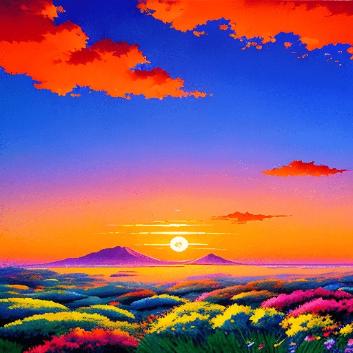 painting of a colorful sunset with a mountain in the distance