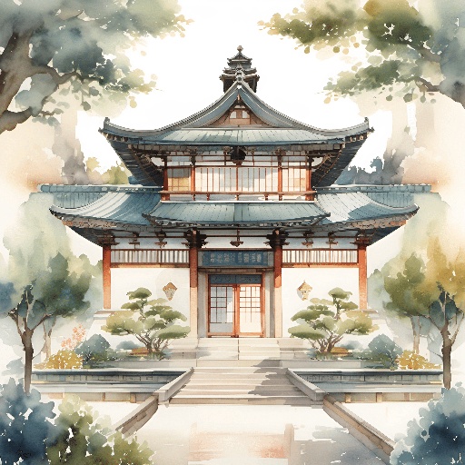 a painting of a building with a pagoda in the background