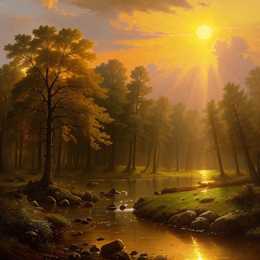 painting of a river in a forest with a sun setting