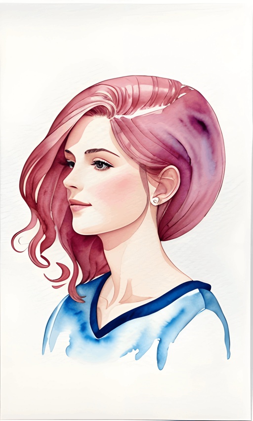 painting of a woman with pink hair and a blue shirt