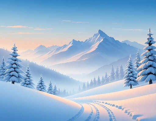 snowy mountain scene with tracks in the snow and trees