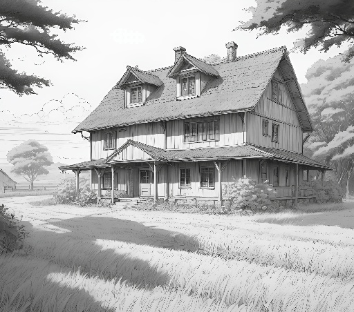 house in a field with a path and trees