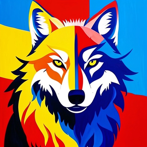 a close up of a painting of a wolf with a red, yellow, and blue background