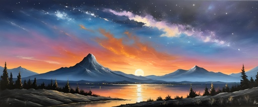 painting of a mountain scene with a lake and a sunset
