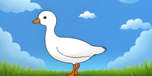 cartoon white duck standing on grass with blue sky in background