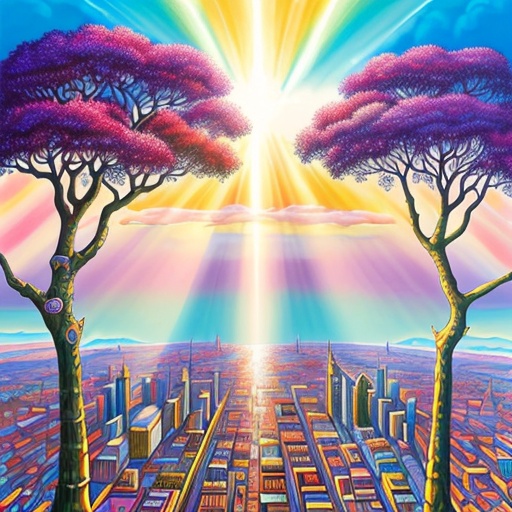 a painting of two trees in a city with a bright sun