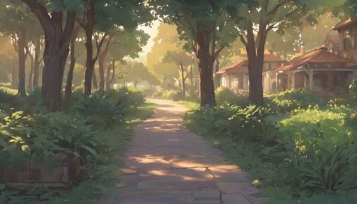 painting of a path in a park with a house in the distance