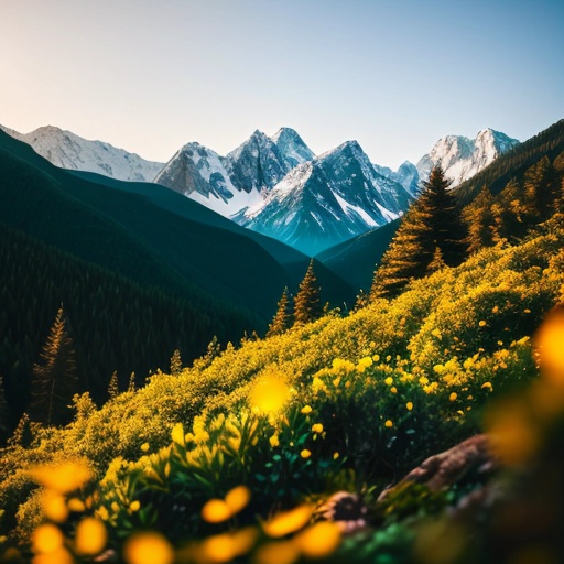 mountains with snow capped peaks and yellow flowers in the foreground