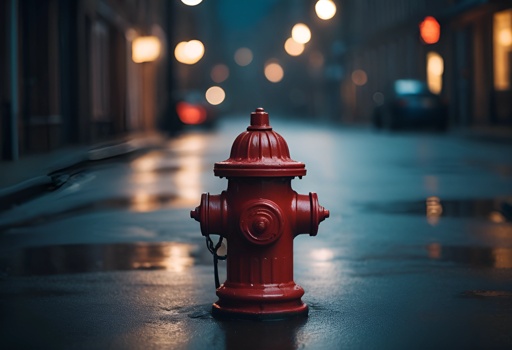 a red fire hydrant on the sidewalk in the rain