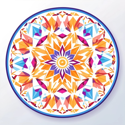 brightly colored circular plate with geometric design on white background