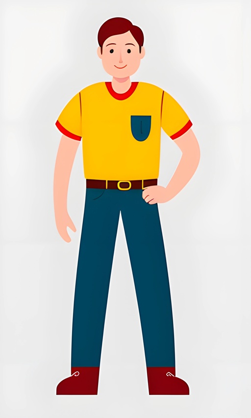 cartoon man in yellow shirt and blue pants standing with his hands in his pockets