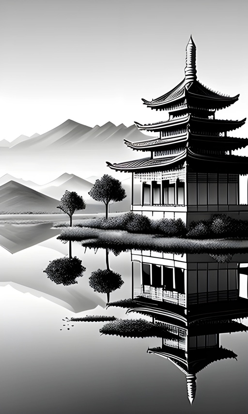 pagoda in the middle of a lake with mountains in the background