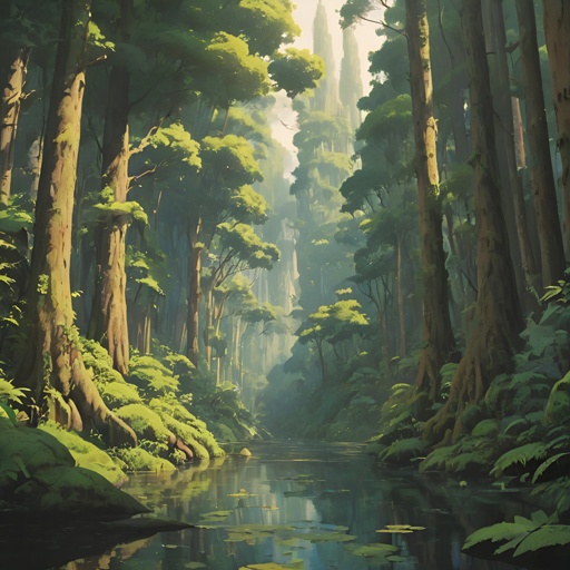 painting of a forest scene with a stream and trees