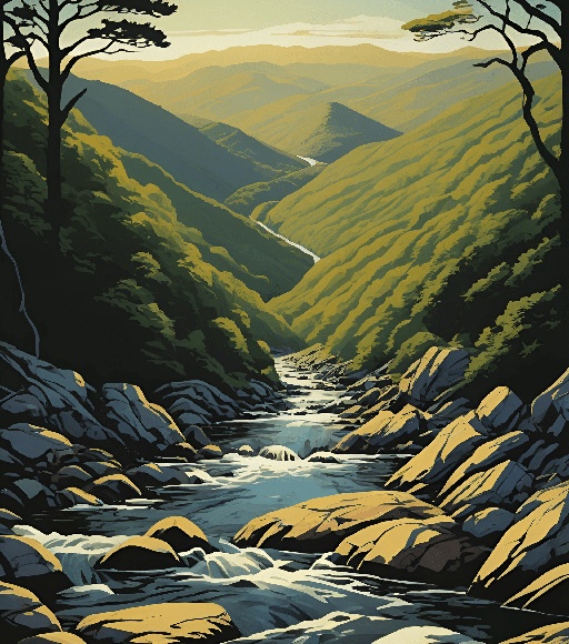 a painting of a river running through a valley