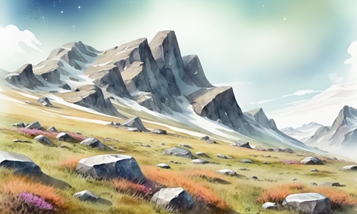 a painting of a mountain with rocks and grass