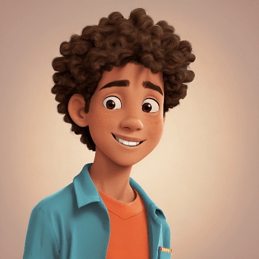 cartoon boy with curly hair and orange shirt smiling at camera