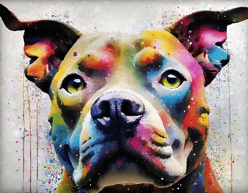 brightly colored dog portrait with splattered paint on white background