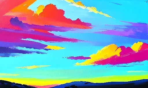 painting of a colorful sky with clouds and a person on a horse