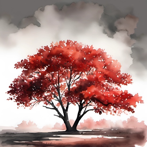 a red tree with a bench under it