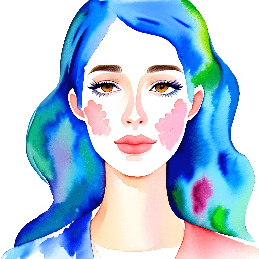 painting of a woman with blue hair and a pink face