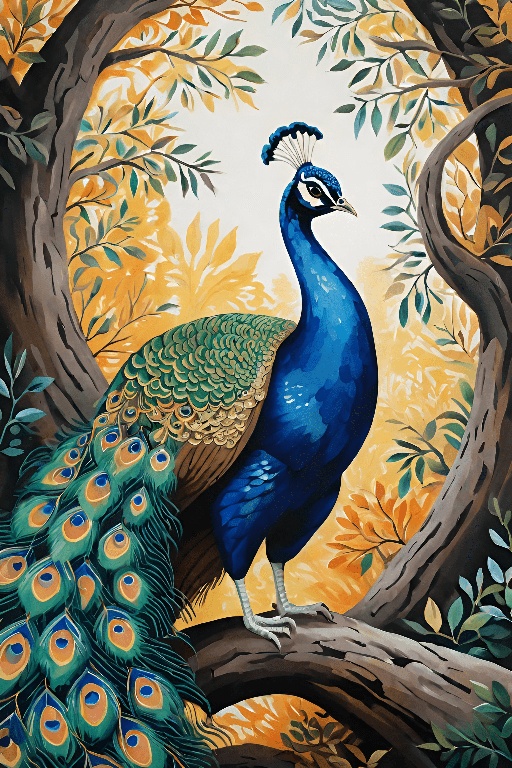 painting of a peacock sitting on a branch in a tree