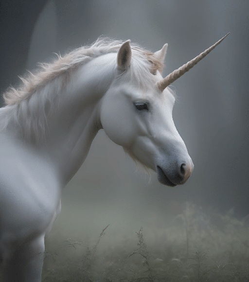 a white unicorn with a long horn standing in a field