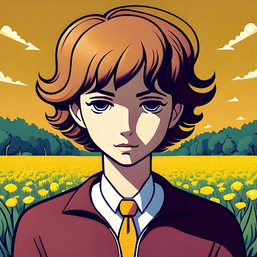 anime character with brown hair and a yellow tie in a field of flowers