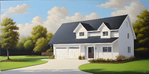 painting of a house with a driveway and a tree in the background