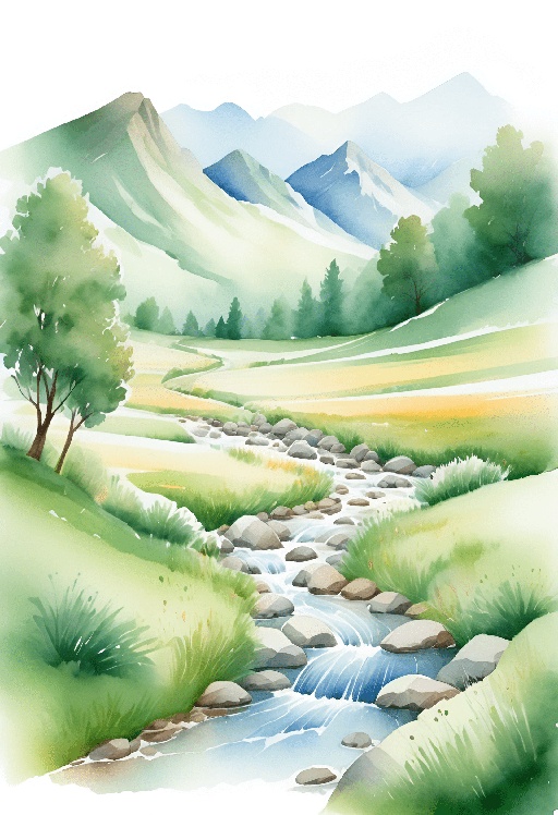 a watercolor painting of a stream in a field