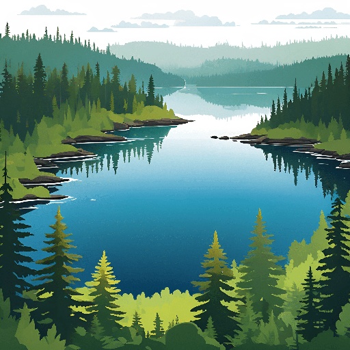 a picture of a lake surrounded by trees and mountains