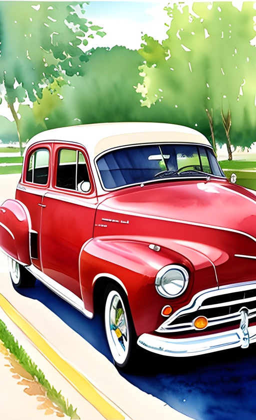 painting of a red car driving down a road with a white roof