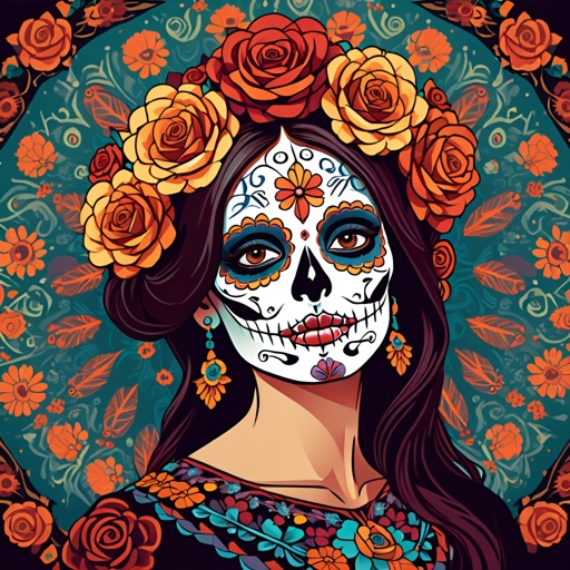 woman with sugar skull makeup and flowers in her hair