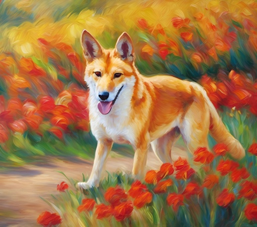 painting of a dog in a field of flowers with a path