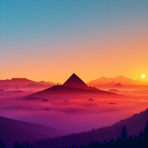 mountains and trees in the distance with a sunset in the background