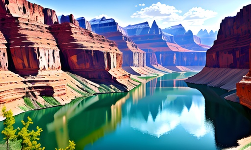 a painting of a river in the middle of a canyon
