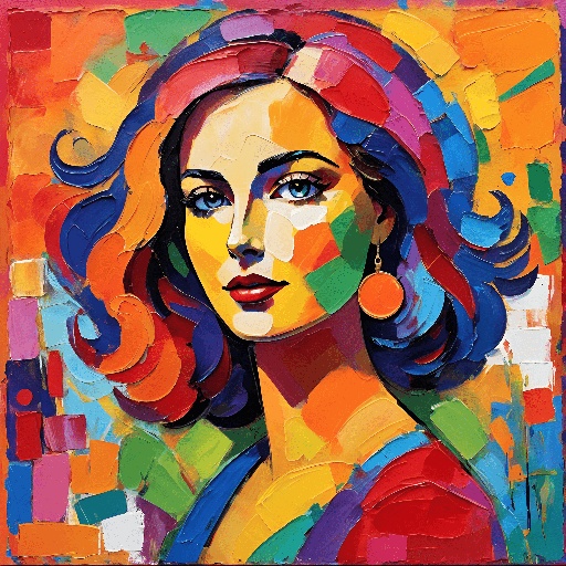painting of a woman with a colorful hair and earrings