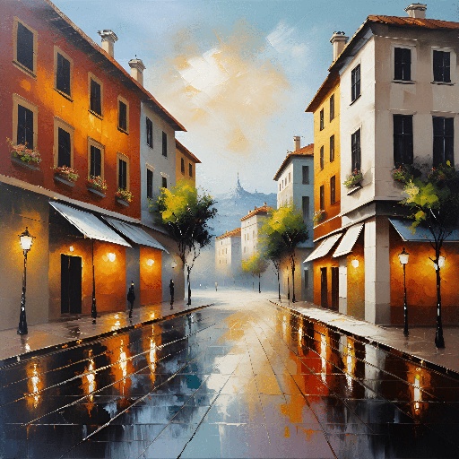painting of a street scene with a couple walking down the street