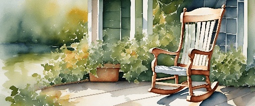 painting of a rocking chair on a porch with potted plants