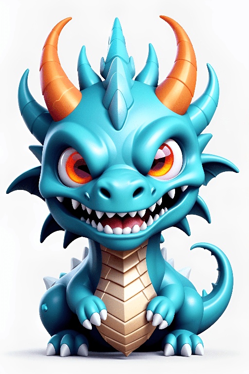 a blue dragon with orange horns and a big smile