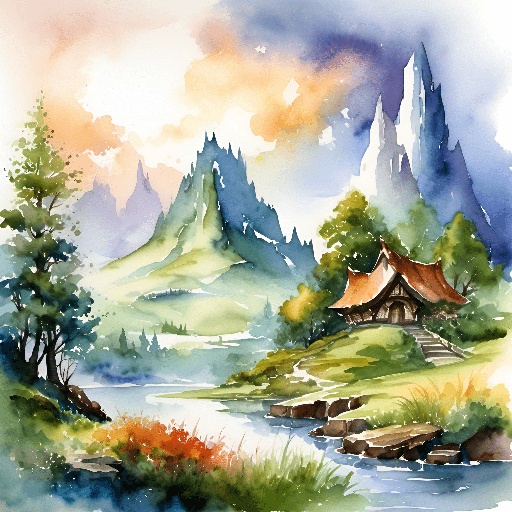 painting of a mountain scene with a house and a stream